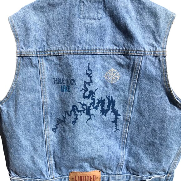 Upcycled Denim Vest, Junior Size 14: Painted Table Rock Lake Sleeveless Jacket - Picture 1 of 14